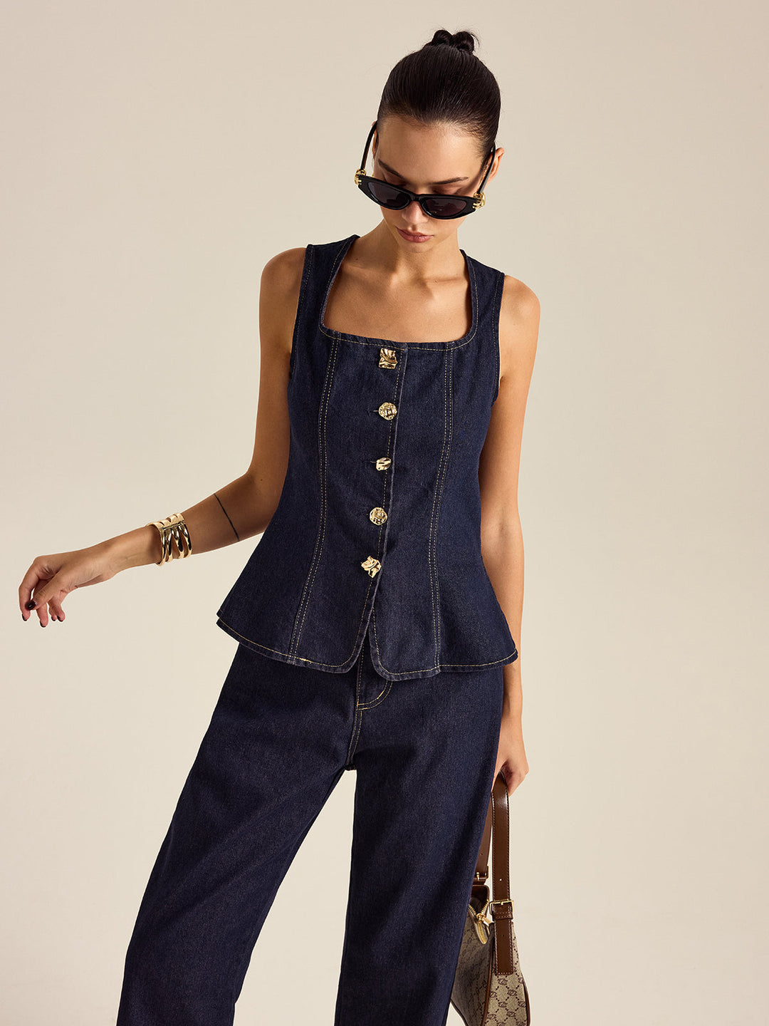 Denim Metal Button Peplum-Oberteil und Hose Set