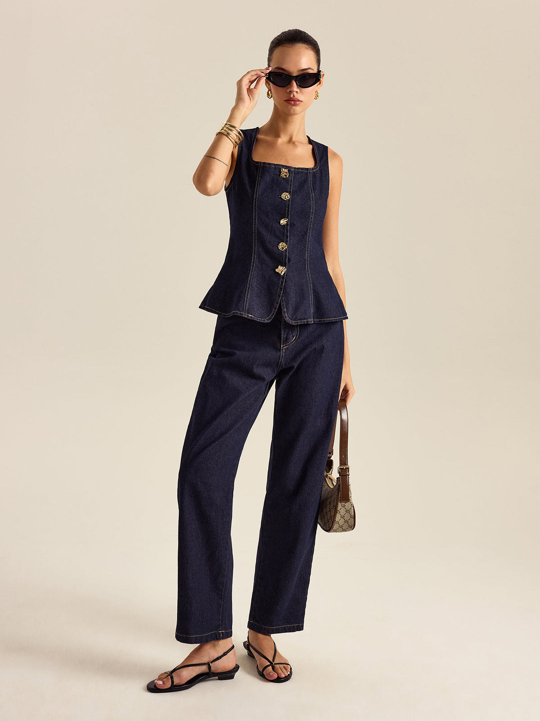 Denim Metal Button Peplum-Oberteil und Hose Set