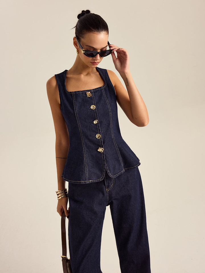 Denim Metal Button Peplum-Oberteil und Hose Set