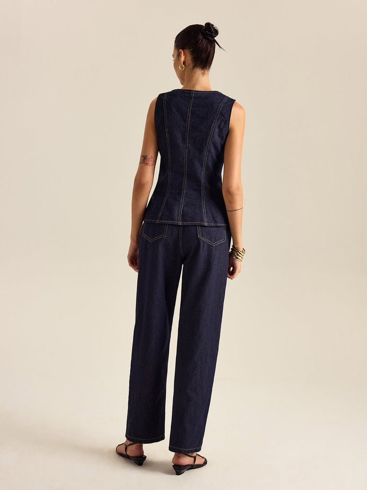 Denim Metal Button Peplum-Oberteil und Hose Set