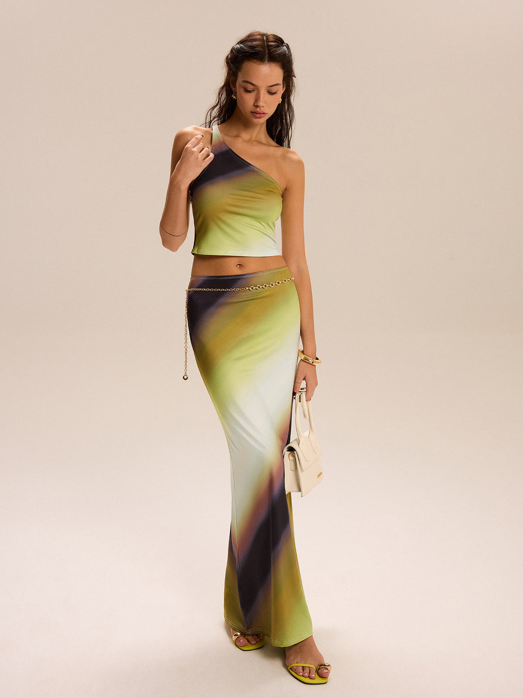 Gradient Print One-Shoulder Rock-Set