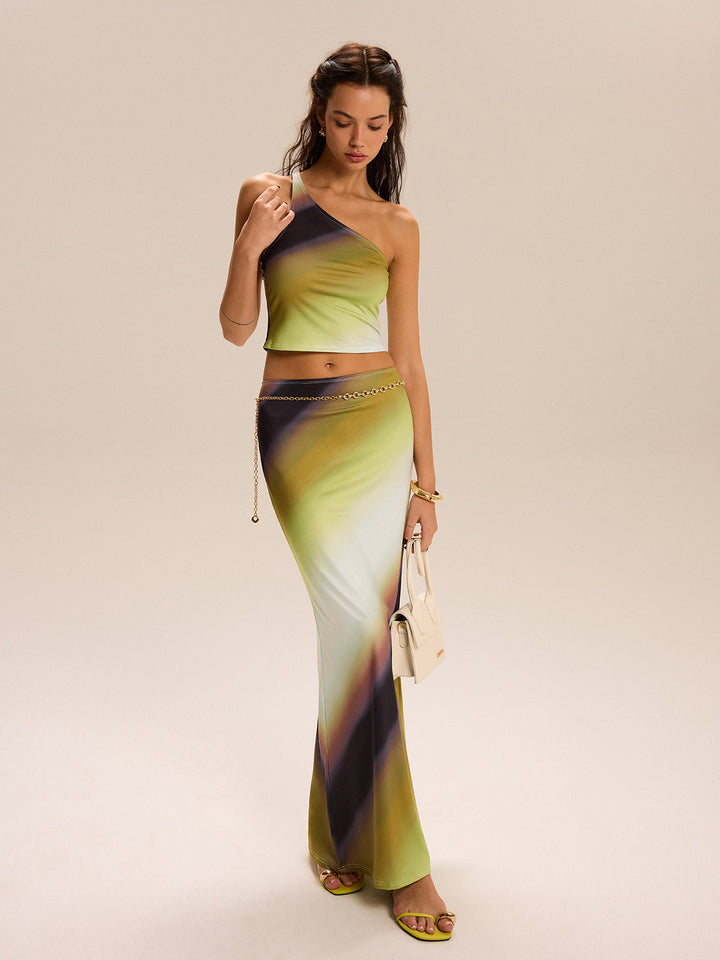 Gradient Print One-Shoulder Rock-Set