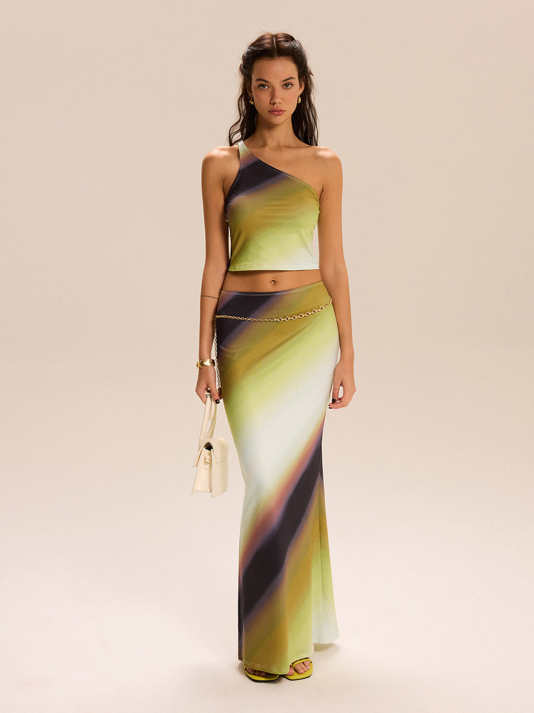 Gradient Print One-Shoulder Rock-Set