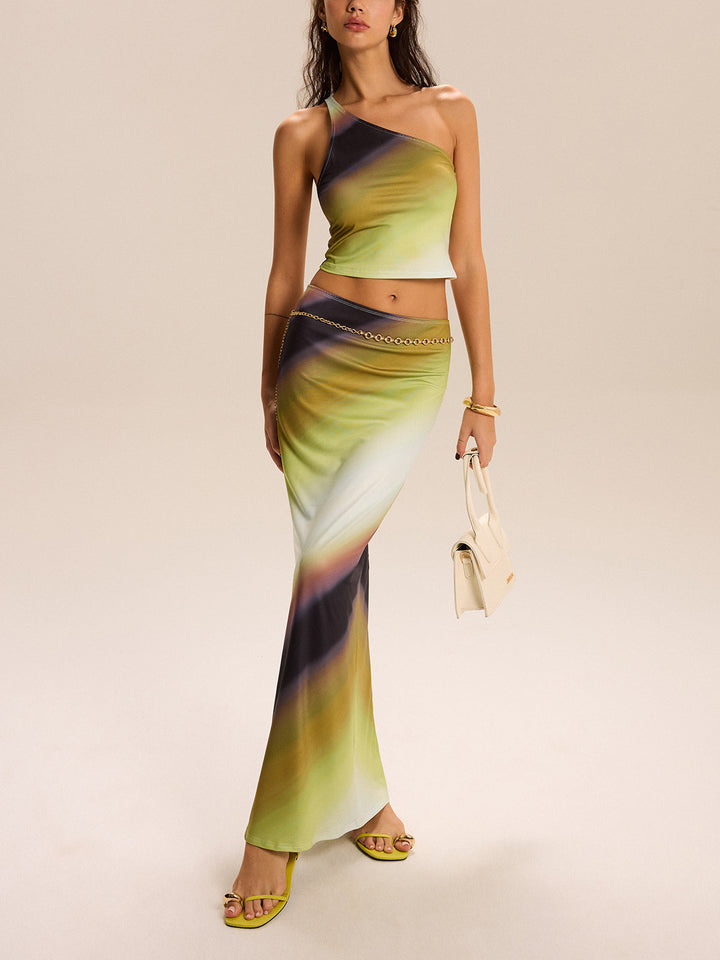 Gradient Print One-Shoulder Rock-Set