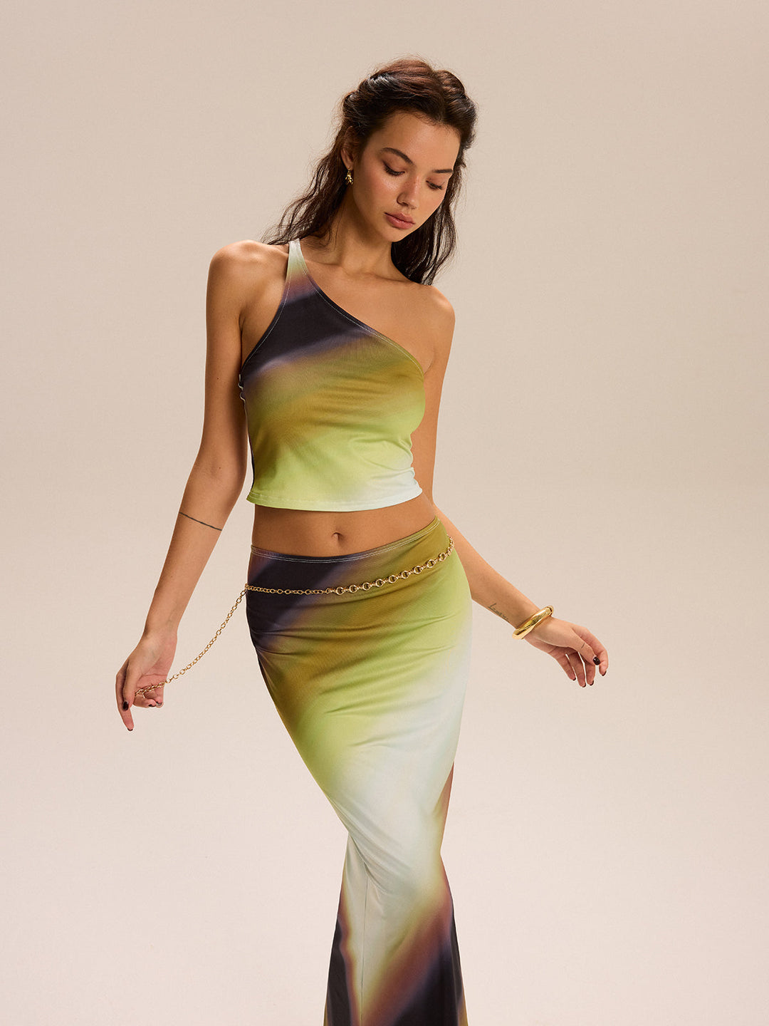 Gradient Print One-Shoulder Rock-Set