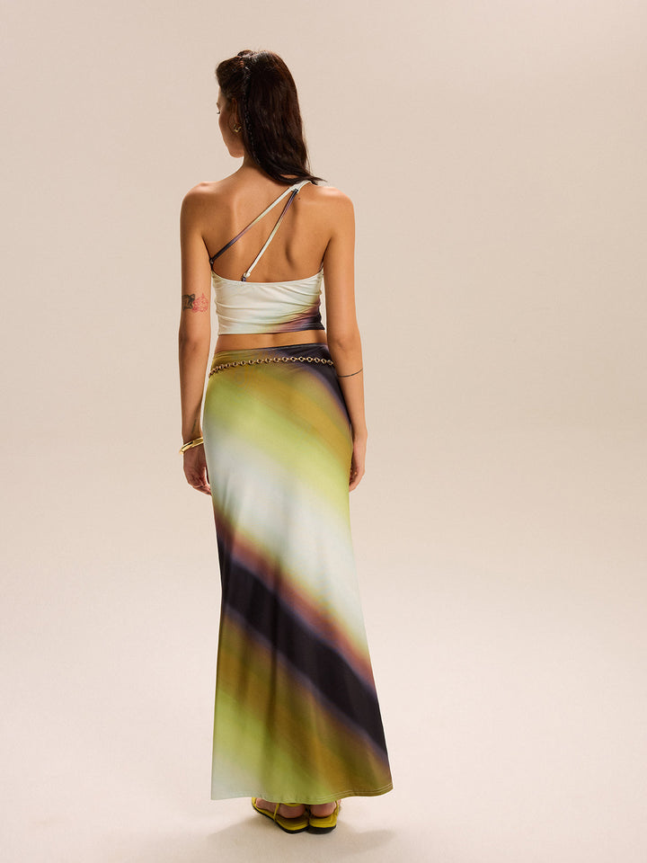 Gradient Print One-Shoulder Rock-Set