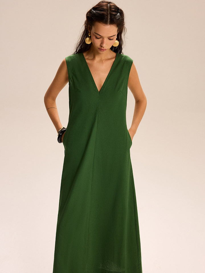 Maxikleid mit V-Ausschnitt und Taschen aus Leinen & Baumwolle