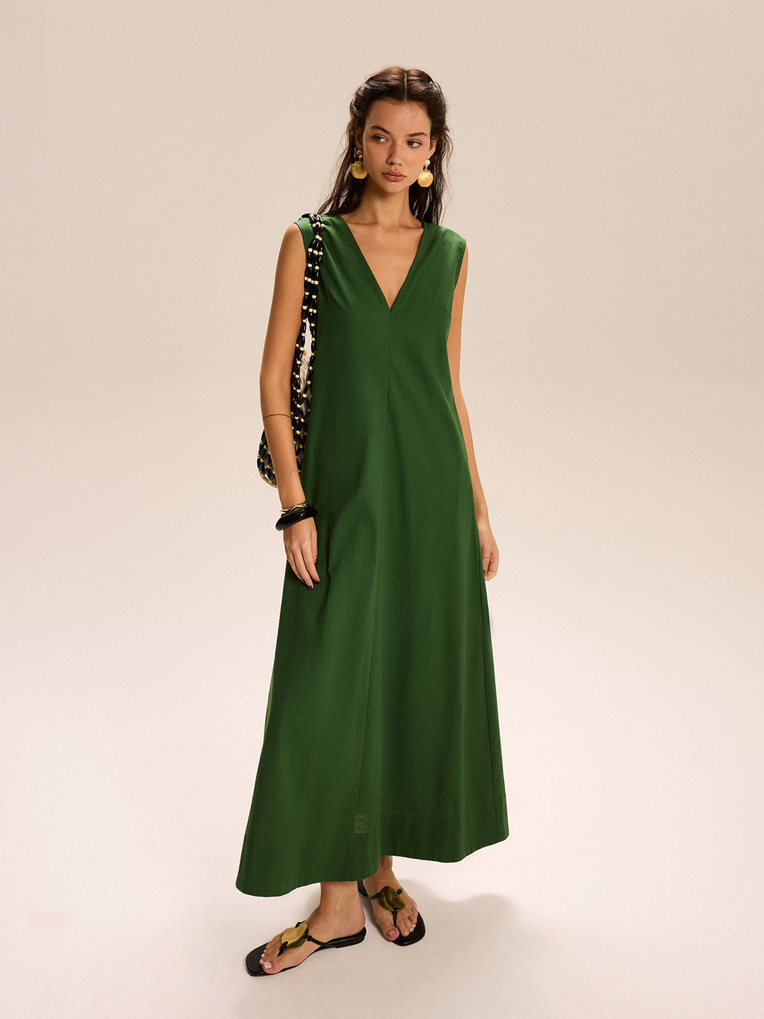 Maxikleid mit V-Ausschnitt und Taschen aus Leinen & Baumwolle