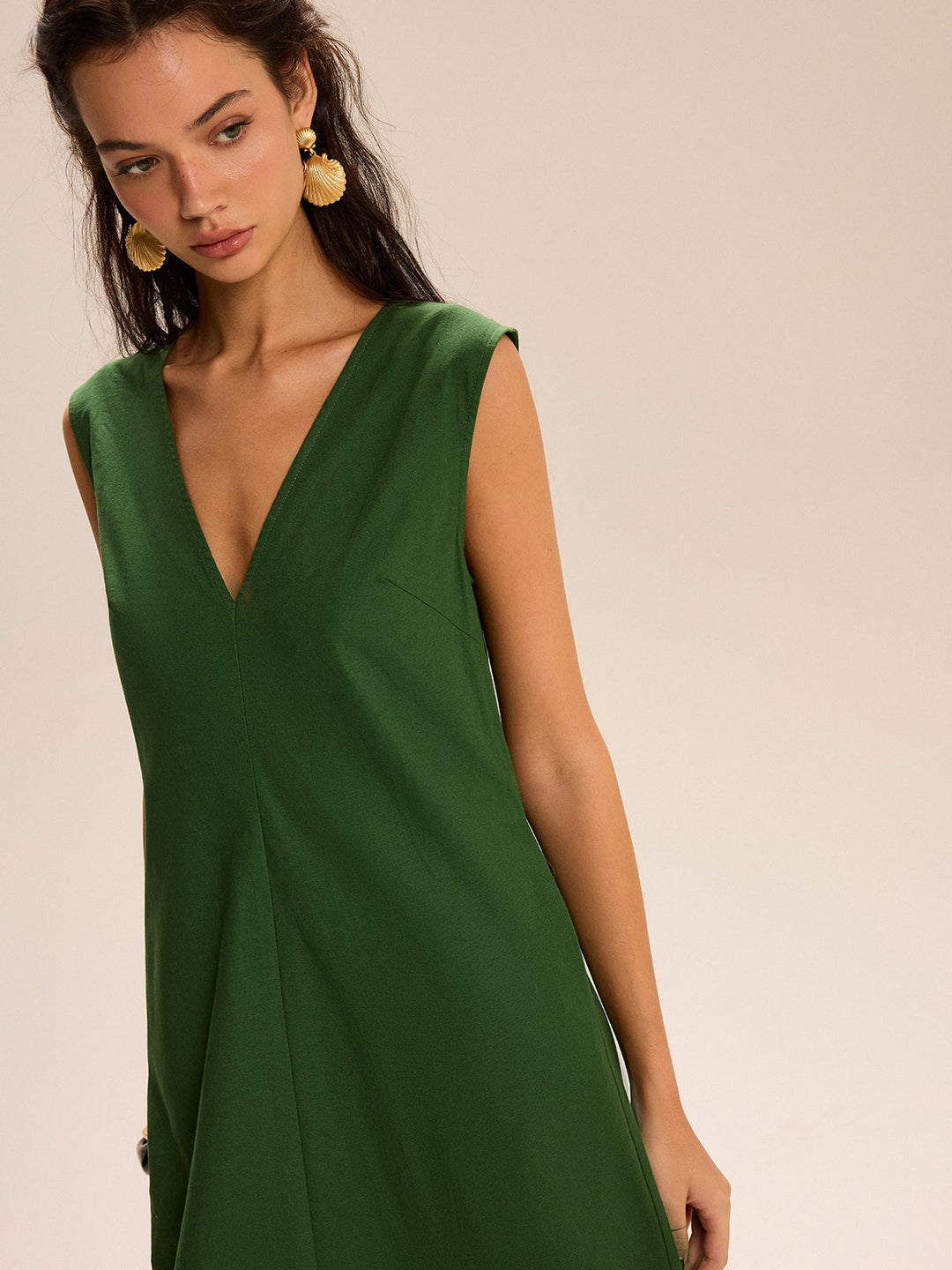 Maxikleid mit V-Ausschnitt und Taschen aus Leinen & Baumwolle