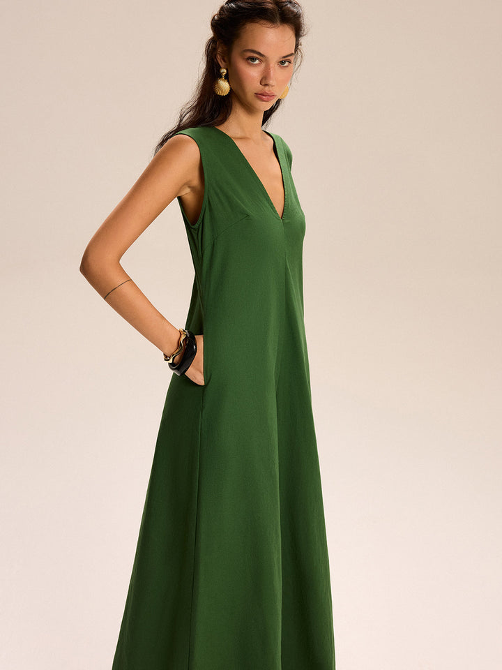 Maxikleid mit V-Ausschnitt und Taschen aus Leinen & Baumwolle