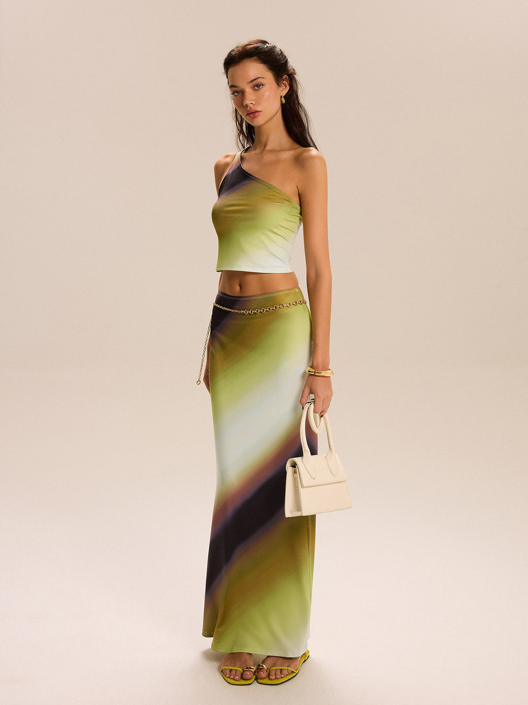 Gradient Print One-Shoulder Rock-Set
