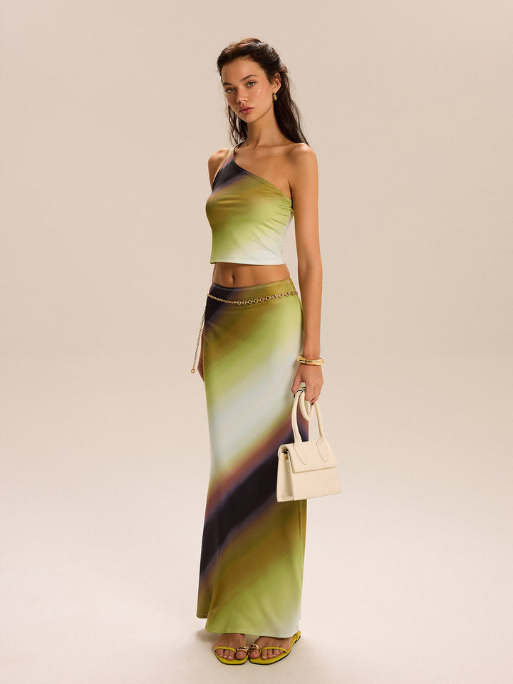 Gradient Print One-Shoulder Rock-Set