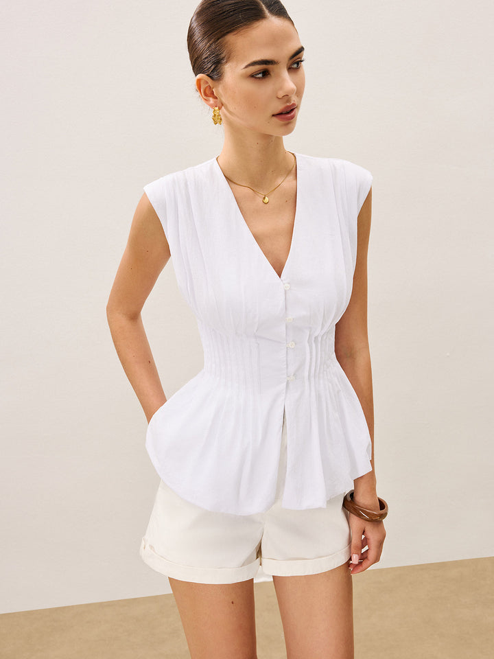 Plissierte Schößchen-Bluse mit V-Ausschnitt