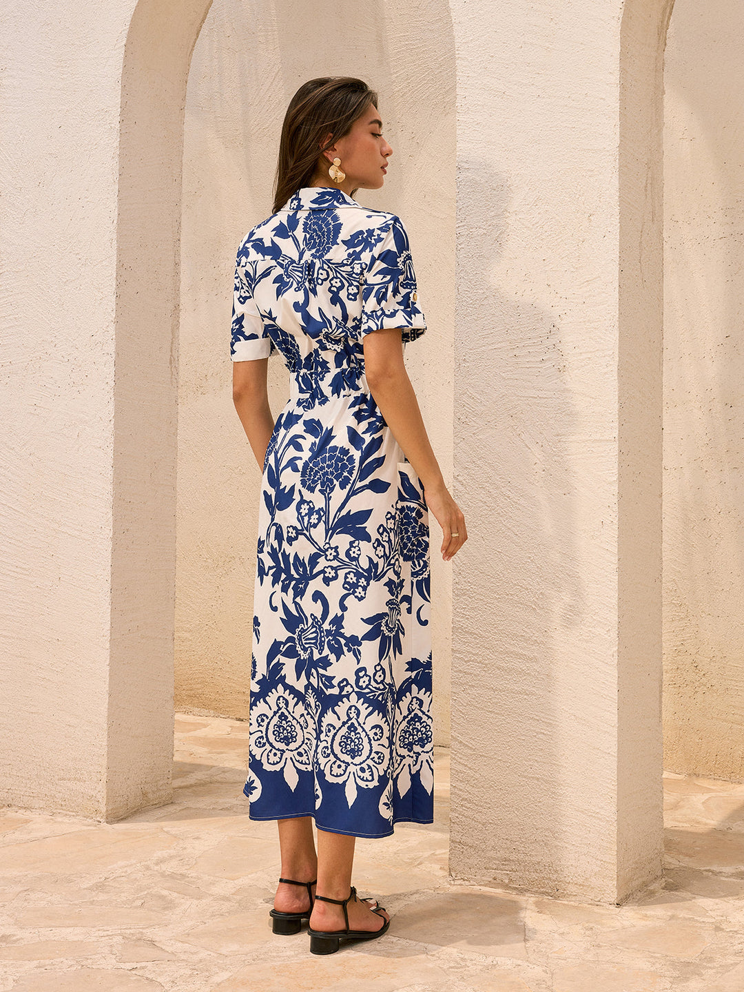 Tasche Gürtel Blumen Print Midi Kleid