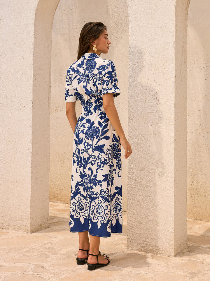 Tasche Gürtel Blumen Print Midi Kleid