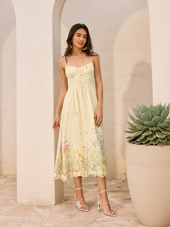 Blumenstickerei Midi-Kleid mit Knöpfen