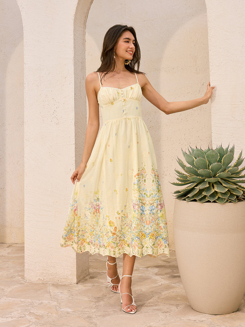 Blumenstickerei Midi-Kleid mit Knöpfen