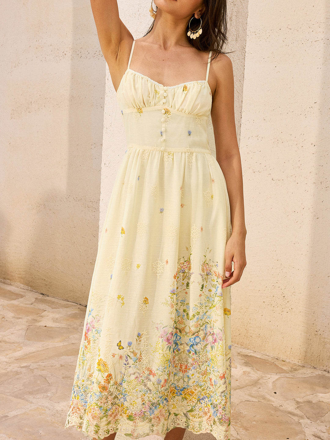 Blumenstickerei Midi-Kleid mit Knöpfen