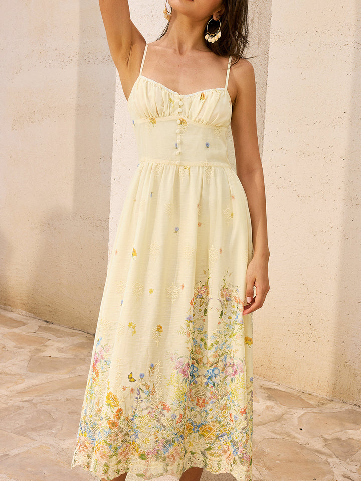 Blumenstickerei Midi-Kleid mit Knöpfen