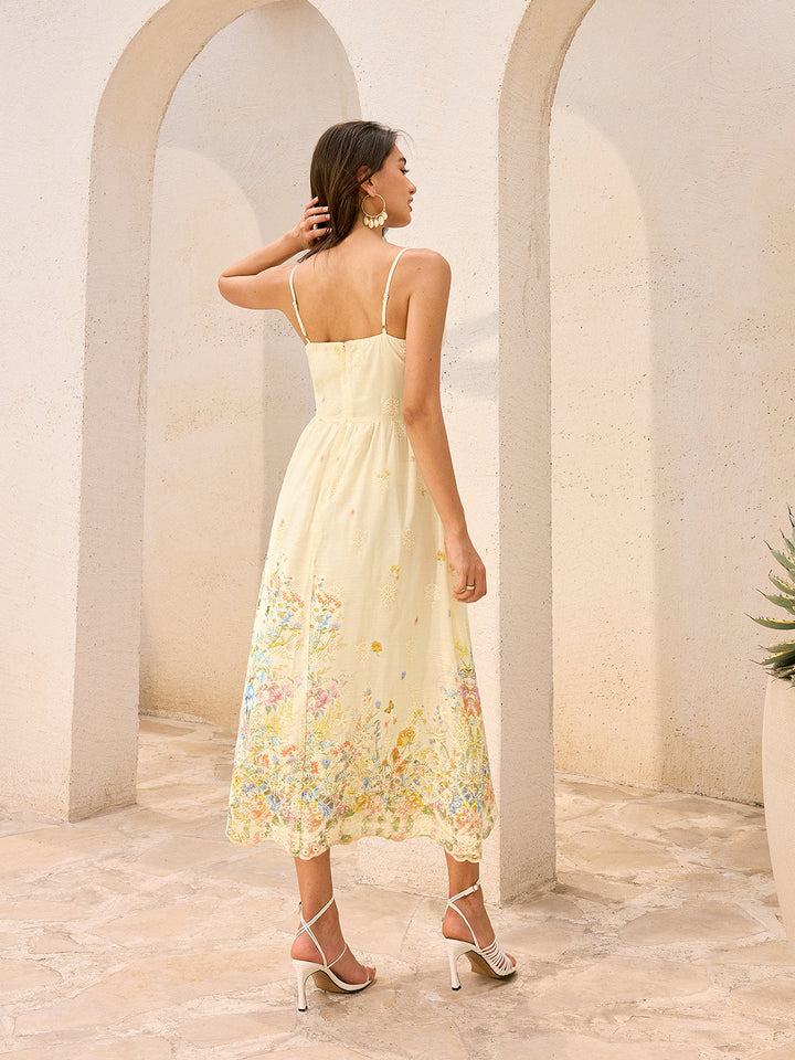 Blumenstickerei Midi-Kleid mit Knöpfen