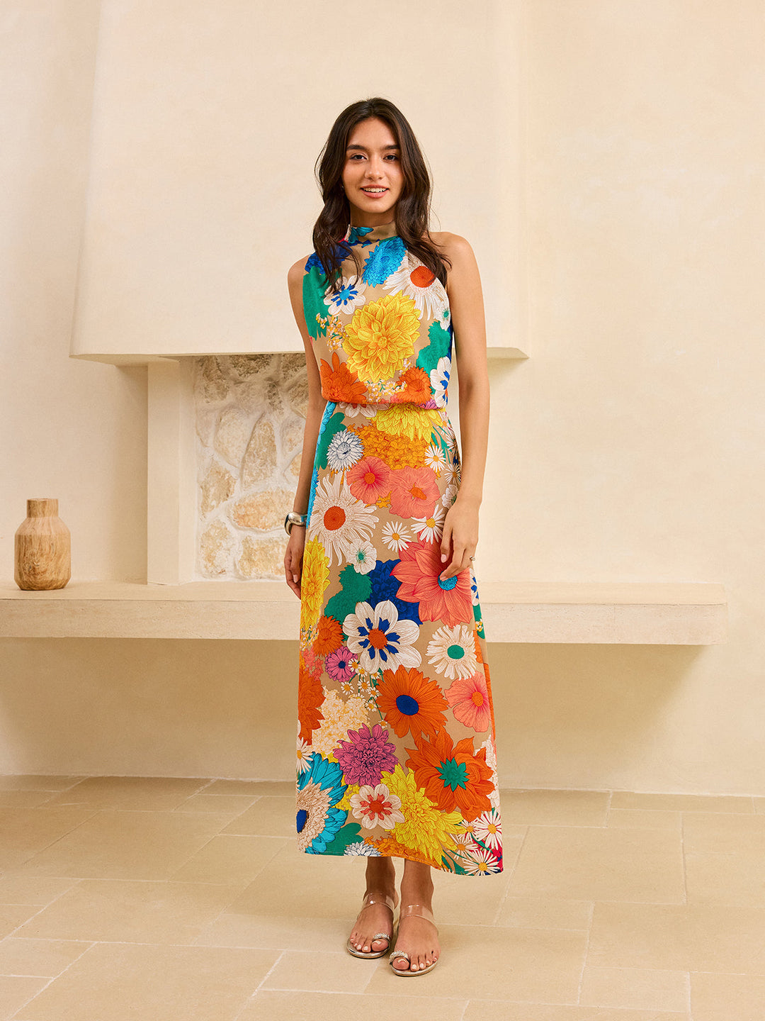 Maxikleid mit Blumenmuster und Band am Rücken