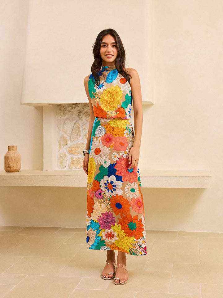 Maxikleid mit Blumenmuster und Band am Rücken