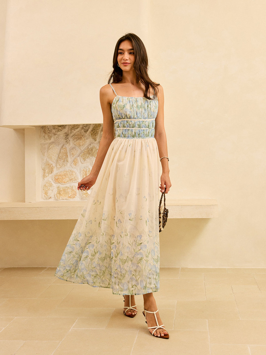 Blumenmuster Plissee Taille Stufen Maxi Kleid