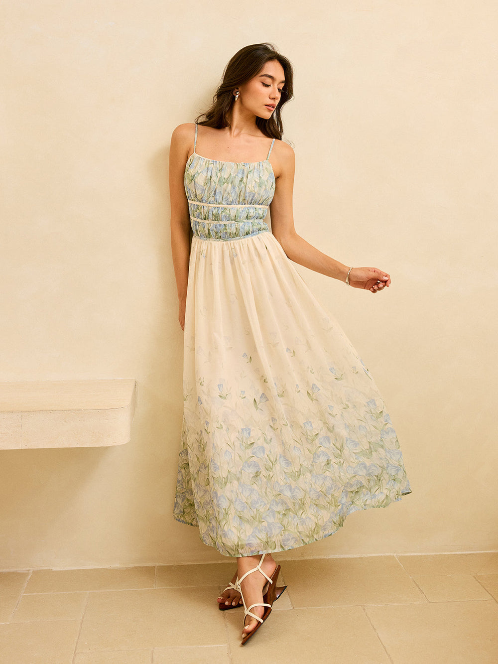 Blumenmuster Plissee Taille Stufen Maxi Kleid