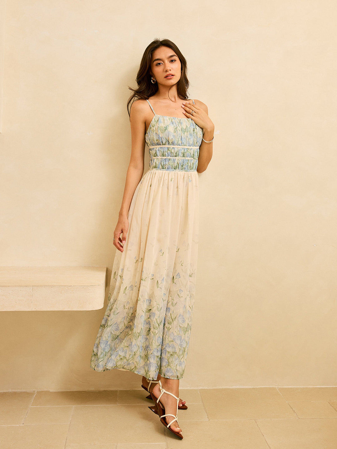 Blumenmuster Plissee Taille Stufen Maxi Kleid