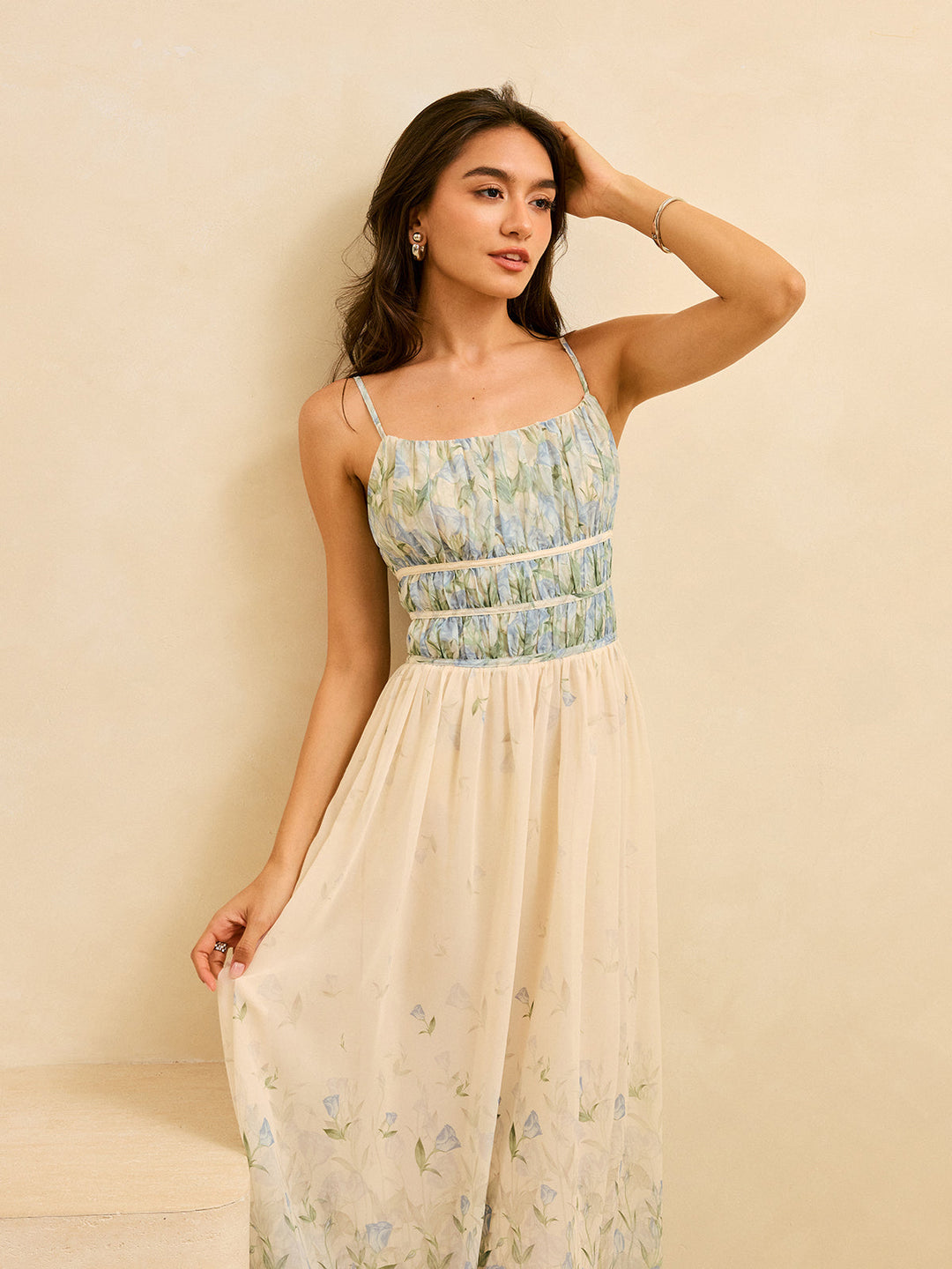 Blumenmuster Plissee Taille Stufen Maxi Kleid