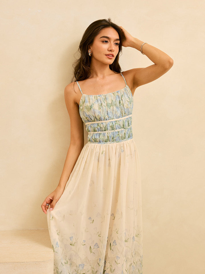 Blumenmuster Plissee Taille Stufen Maxi Kleid