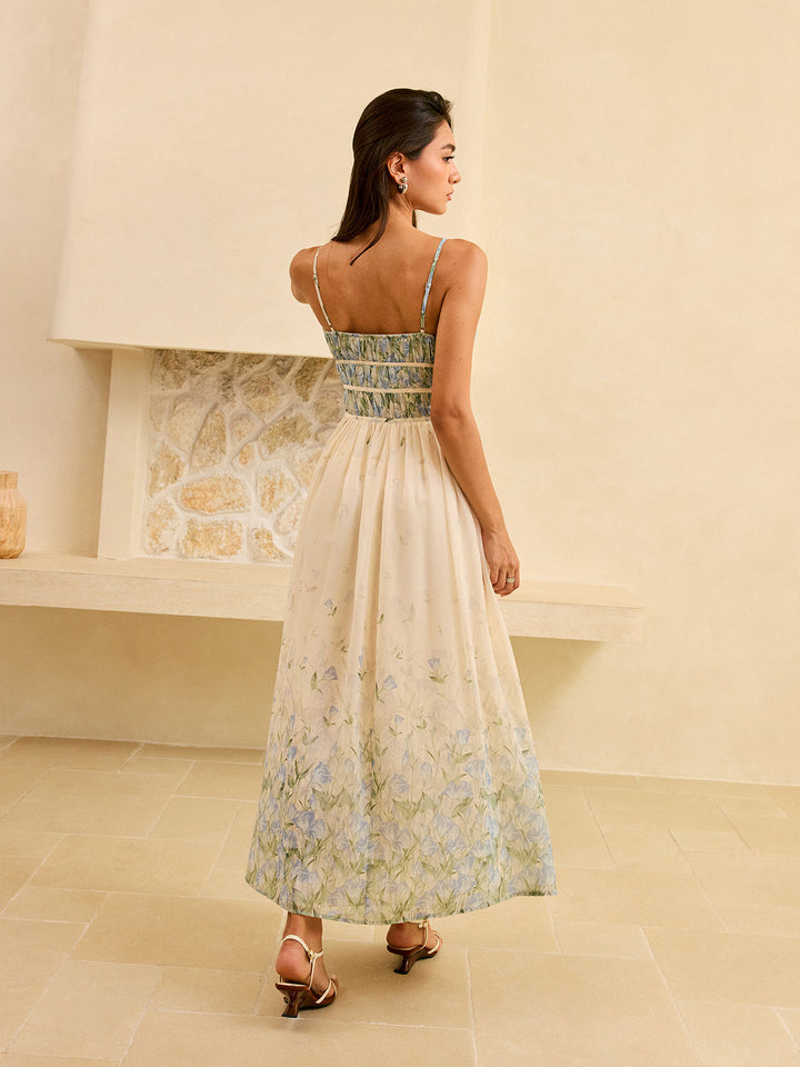 Blumenmuster Plissee Taille Stufen Maxi Kleid