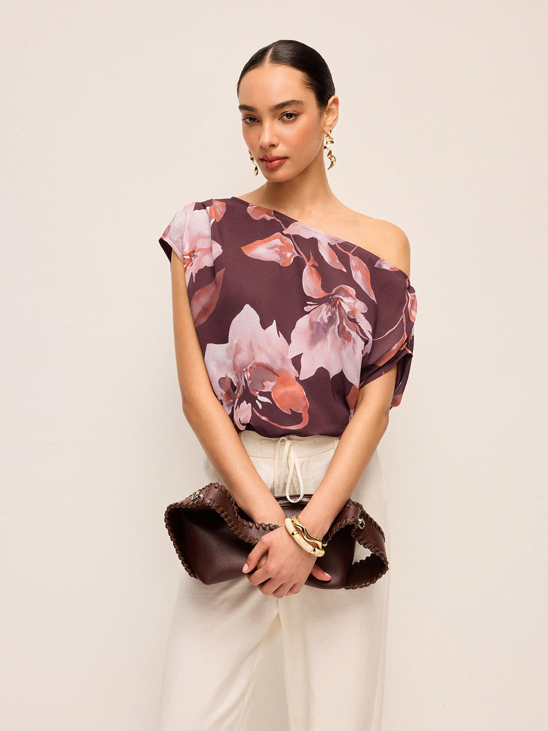 One-Shoulder Geblümter Bluse mit Gürtel