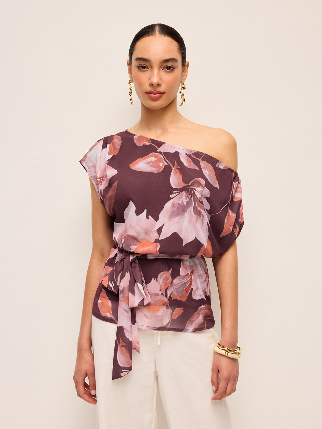 One-Shoulder Geblümter Bluse mit Gürtel