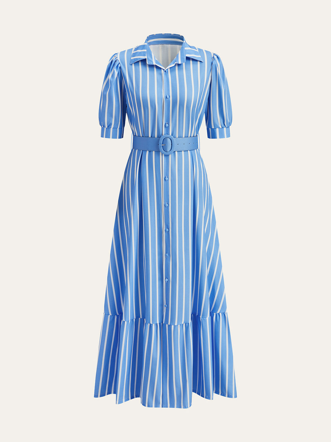 Gürtelkleid mit Streifen und Puffärmeln