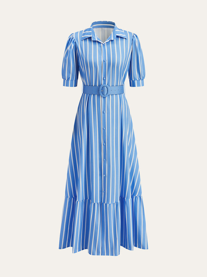 Gürtelkleid mit Streifen und Puffärmeln