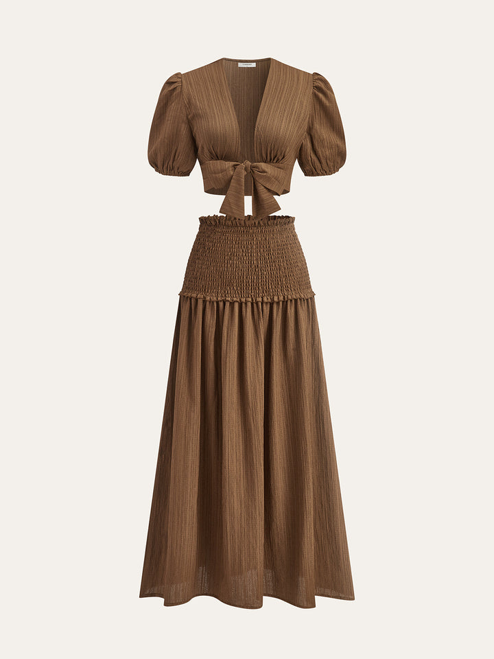Puffärmel-Crop-Top und Midi-Rock mit gerüschter Taille