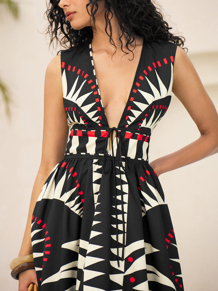 Geometrisches Grafik-Kleid mit V-Ausschnitt, Bindegürtel und Reißverschluss