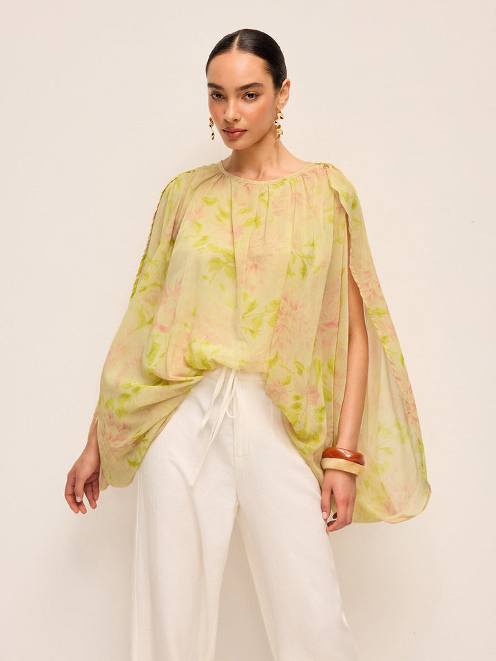 Halbtransparente Chiffon-Bluse mit fließenden Ärmeln und Blumenmuster