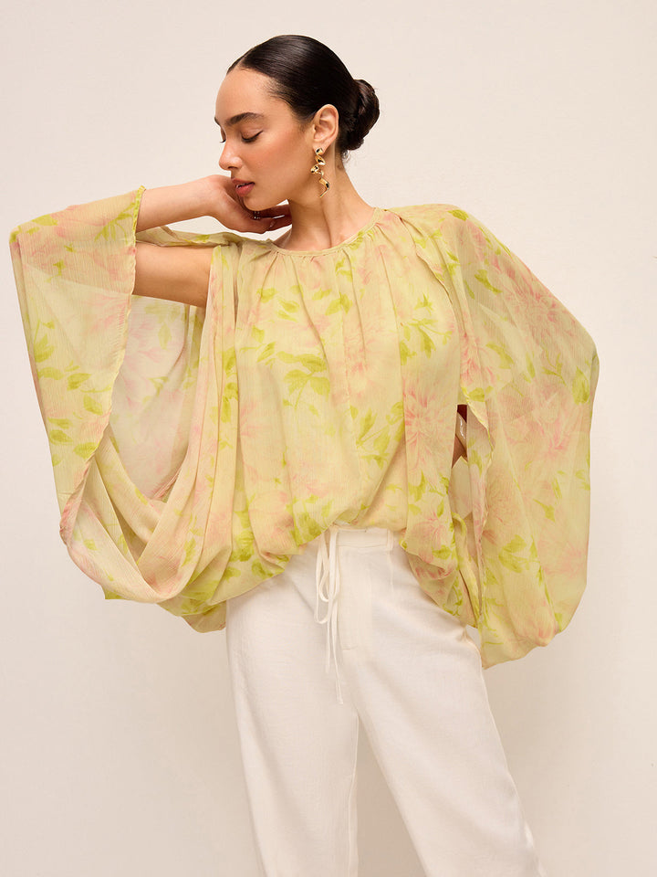 Halbtransparente Chiffon-Bluse mit fließenden Ärmeln und Blumenmuster