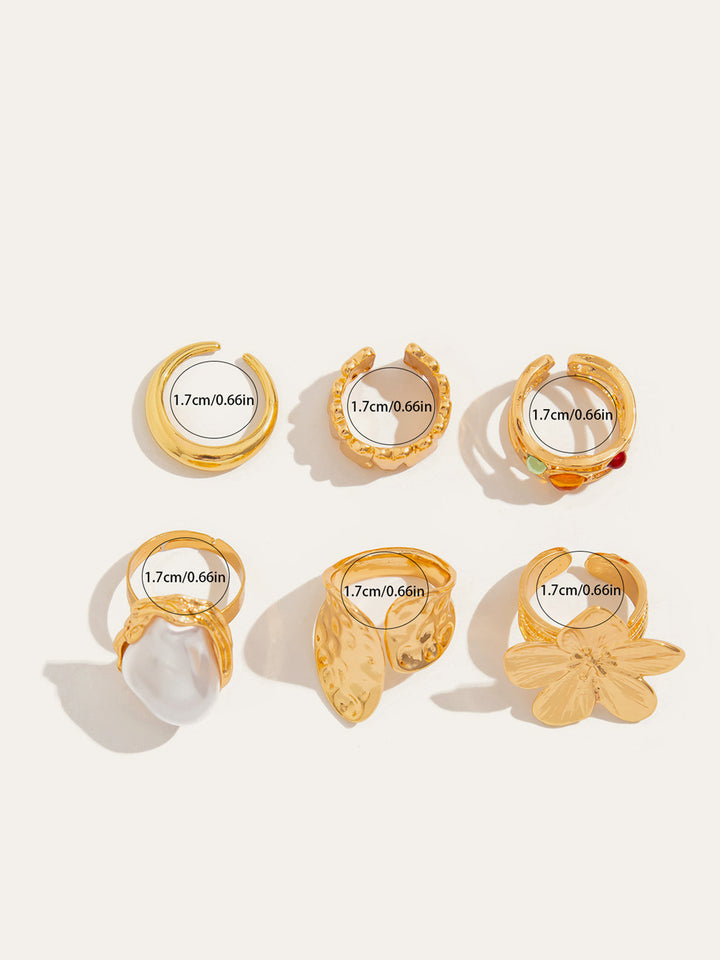 Sechsünfziger Ring-Set mit Perlen- und Blumenakzenten