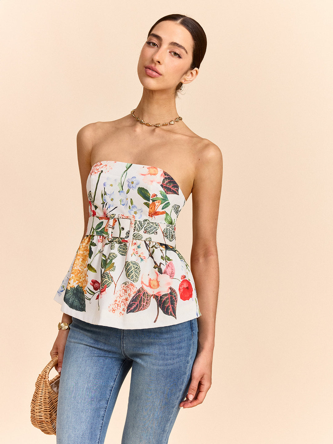 Blumen Print trägerloser Peplum-Oberteil mit Gürtel