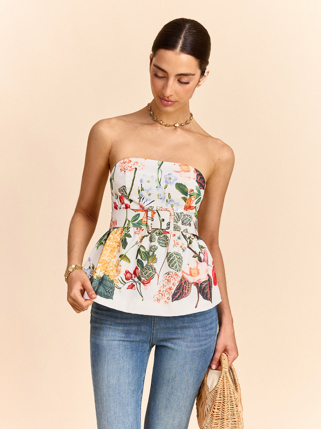 Blumen Print trägerloser Peplum-Oberteil mit Gürtel