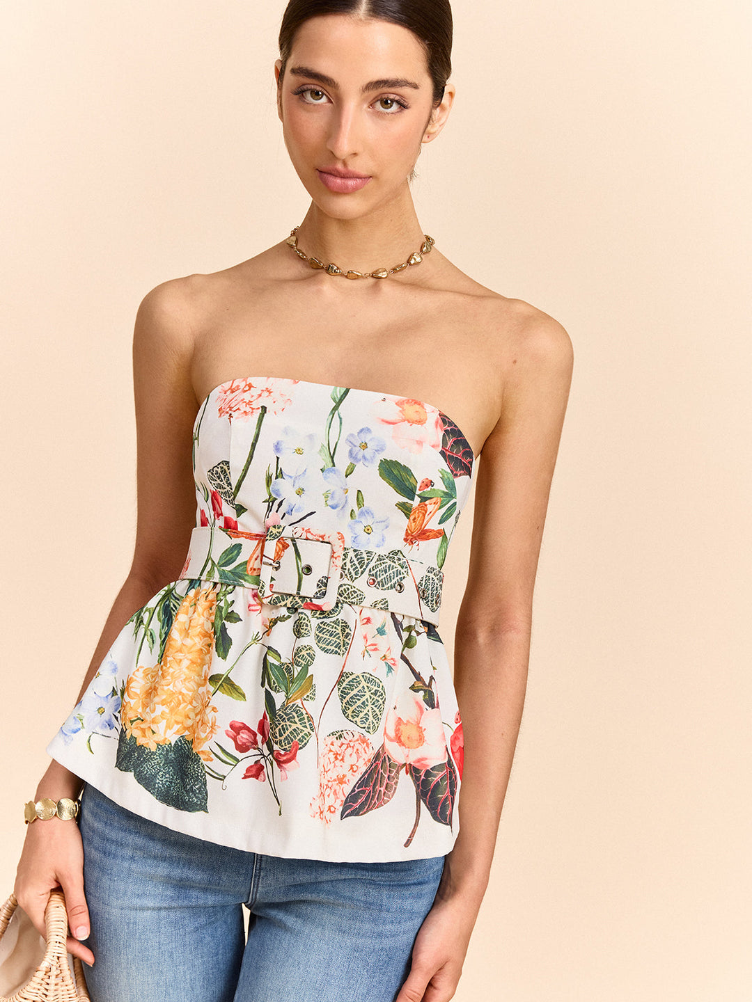 Blumen Print trägerloser Peplum-Oberteil mit Gürtel