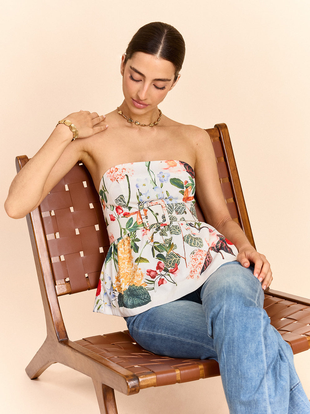 Blumen Print trägerloser Peplum-Oberteil mit Gürtel