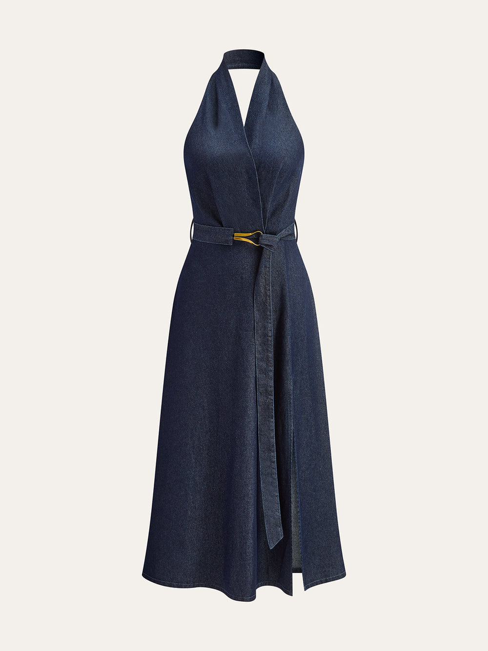 Denim Gürtel Halfter-Ausschnitt Midikleid