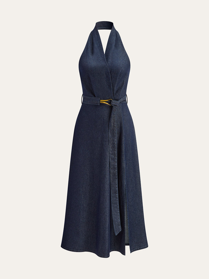 Denim Gürtel Halfter-Ausschnitt Midikleid