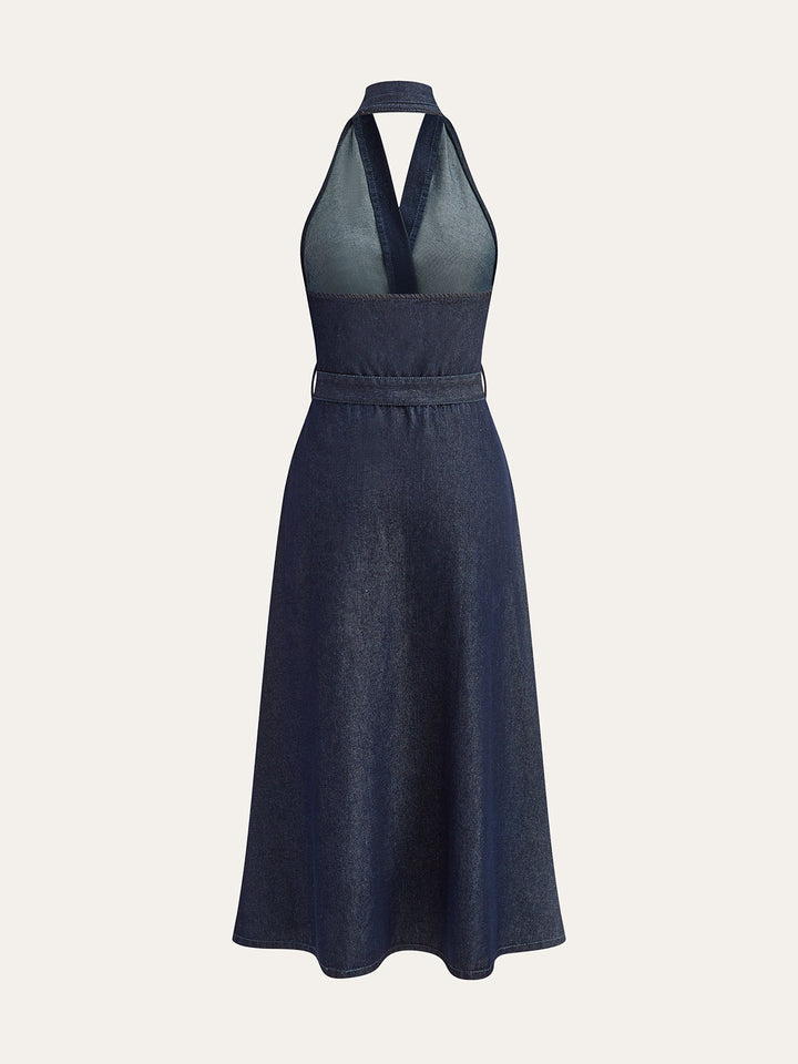 Denim Gürtel Halfter-Ausschnitt Midikleid