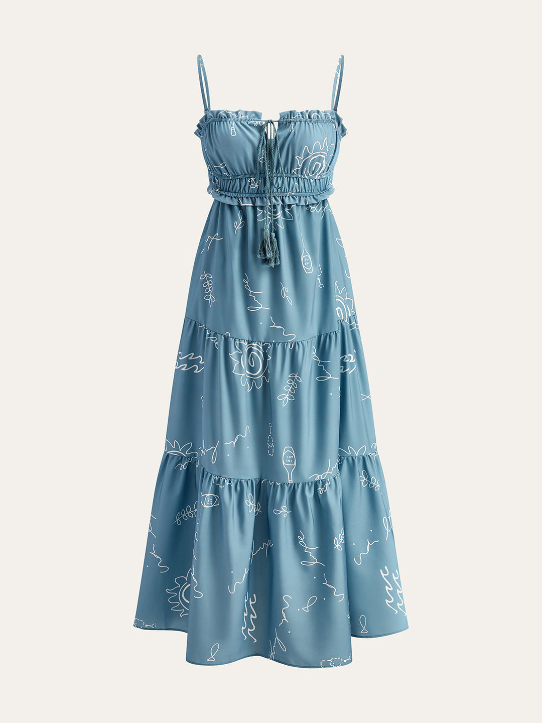 Bedrucktes Maxikleid mit Spaghettiträgern und Stufen