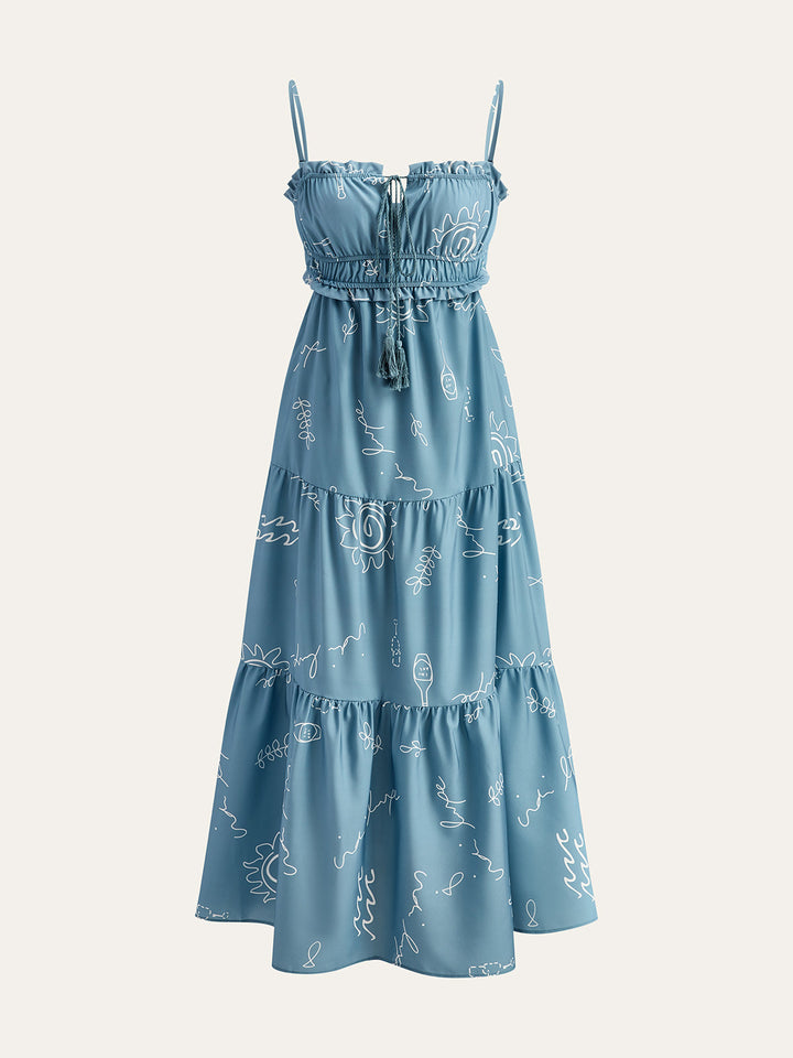 Bedrucktes Maxikleid mit Spaghettiträgern und Stufen